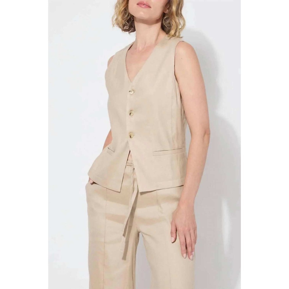 Lysse Nixie Gillet Vest Beige Linen Blend Button Front Sleeveless Size Small